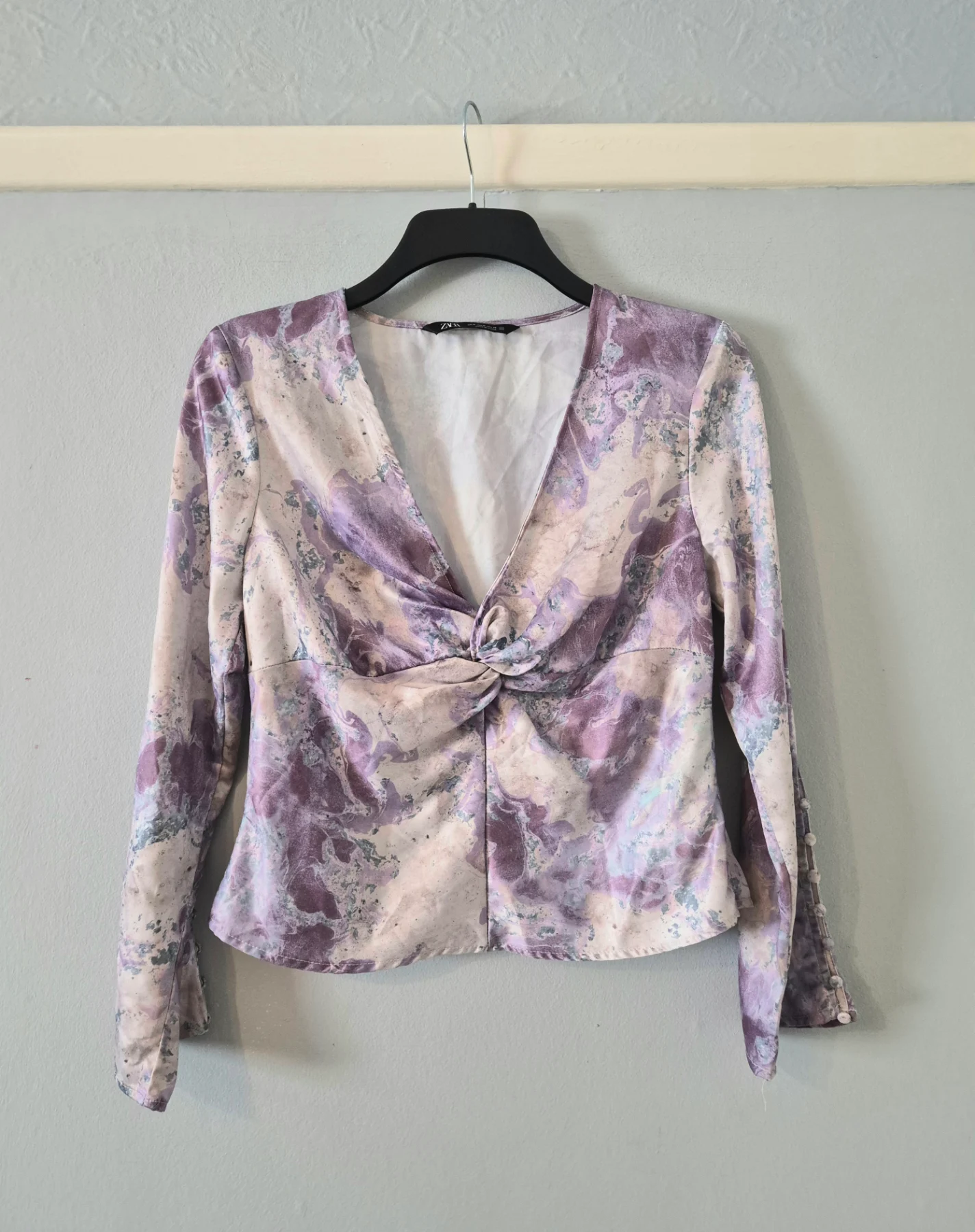 Zara Purple Marble Satin Top (V-Neck / Twist Front)