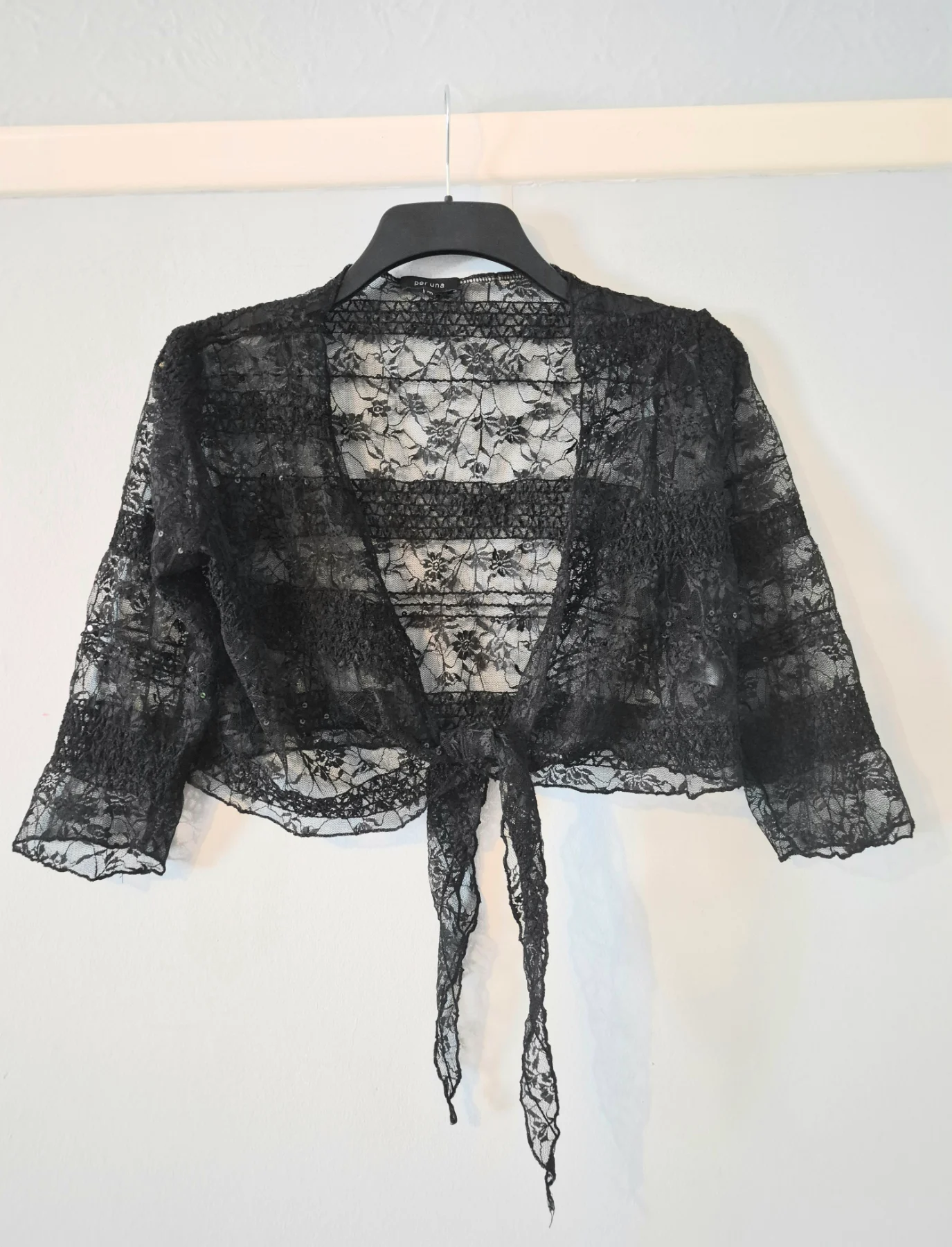 Per Una Vintage Black Lace Sequin Tie Front Shrug Bolero M&S Y2K size UK 10/12