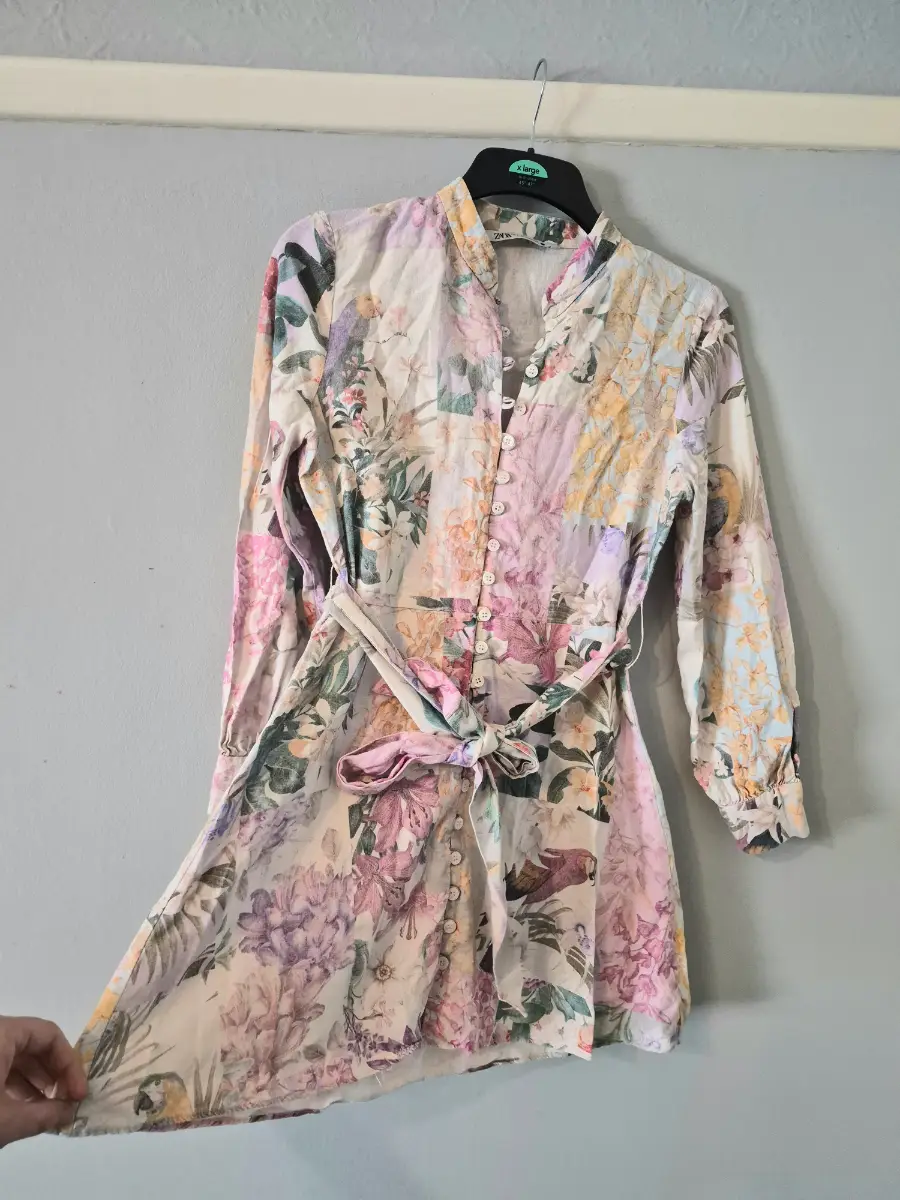Zara linen blend colorful ling sleeve button down belted mini dress size S