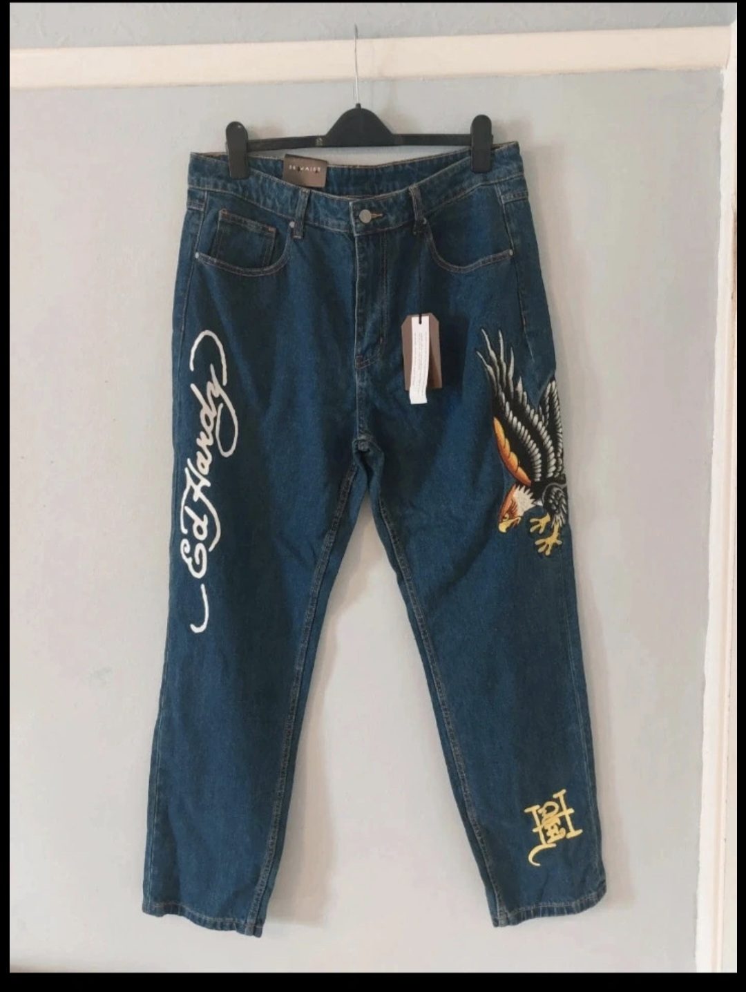 Vintage Ed Hardy Embroidered Eagle Tattoo Graphic Jeans – Mid Wash Blue W36