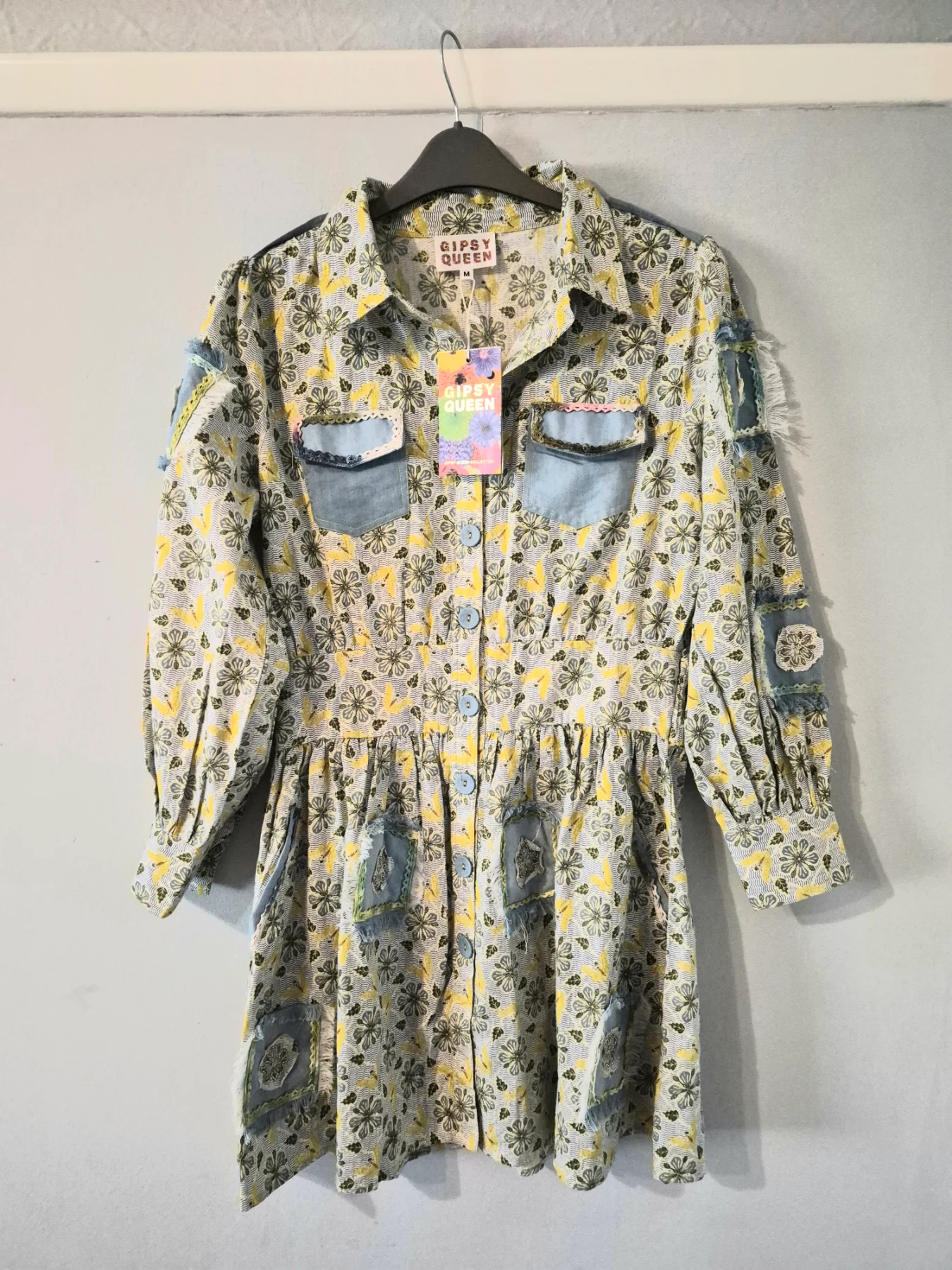 NJ Couture Gipsy Queen Boho Patchwork Floral Mini Shirt Dress UK 10/12