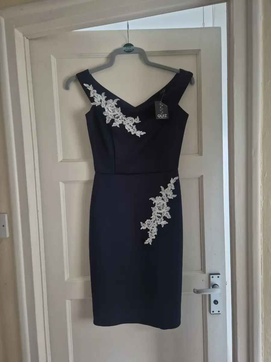 Quiz Womens navy blue occassion dress with floral embroidery|Size 8 (please read description)