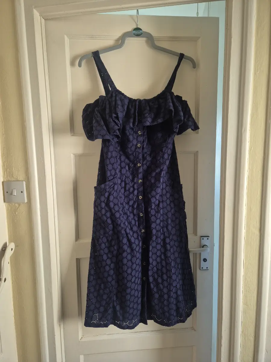 Next Beachwear Womens Navy Blue Broderie Anglaise Midi Dress|Size 10