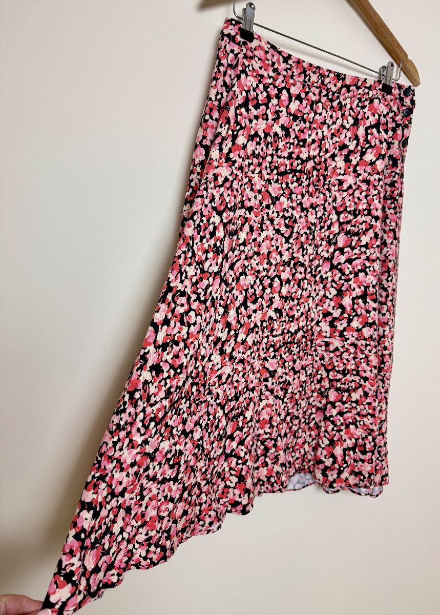 Oliver Bonas Pink Floral Midi Skirt Button Detail UK 10 Viscose