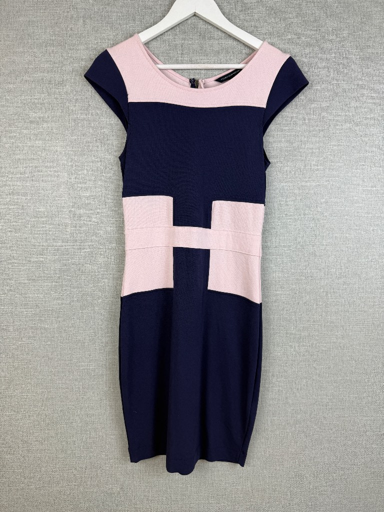 French Connection Colour Block Wiggle Dress Navy Pink UK 14 Fitted Style