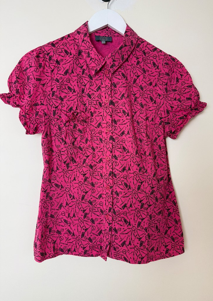 Red or Dead Pink Novelty Print Shirt Blouse UK16 Fits UK12 UK14 Vintage