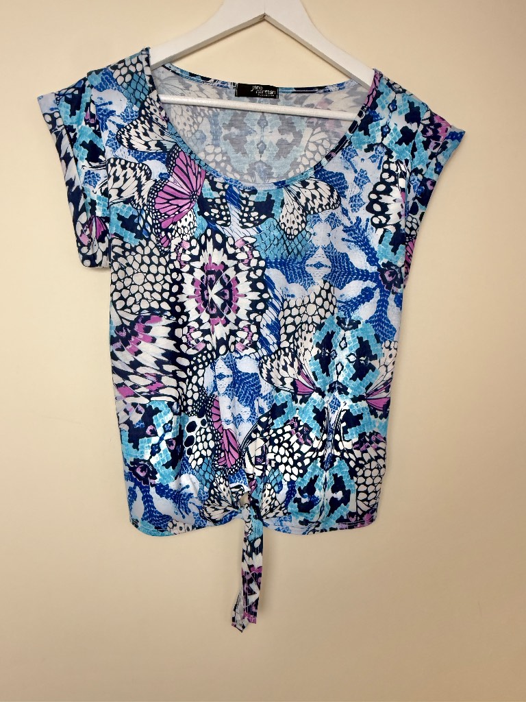Jane Norman Butterfly Print Tie Front Crop Top UK10 Blue Pink Y2K Stretch