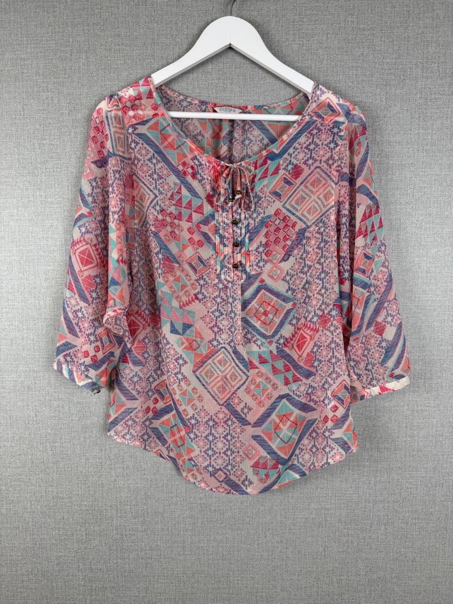 M&S Indigo Collection Pink Geometric Boho Tie Neck Blouse Size 8