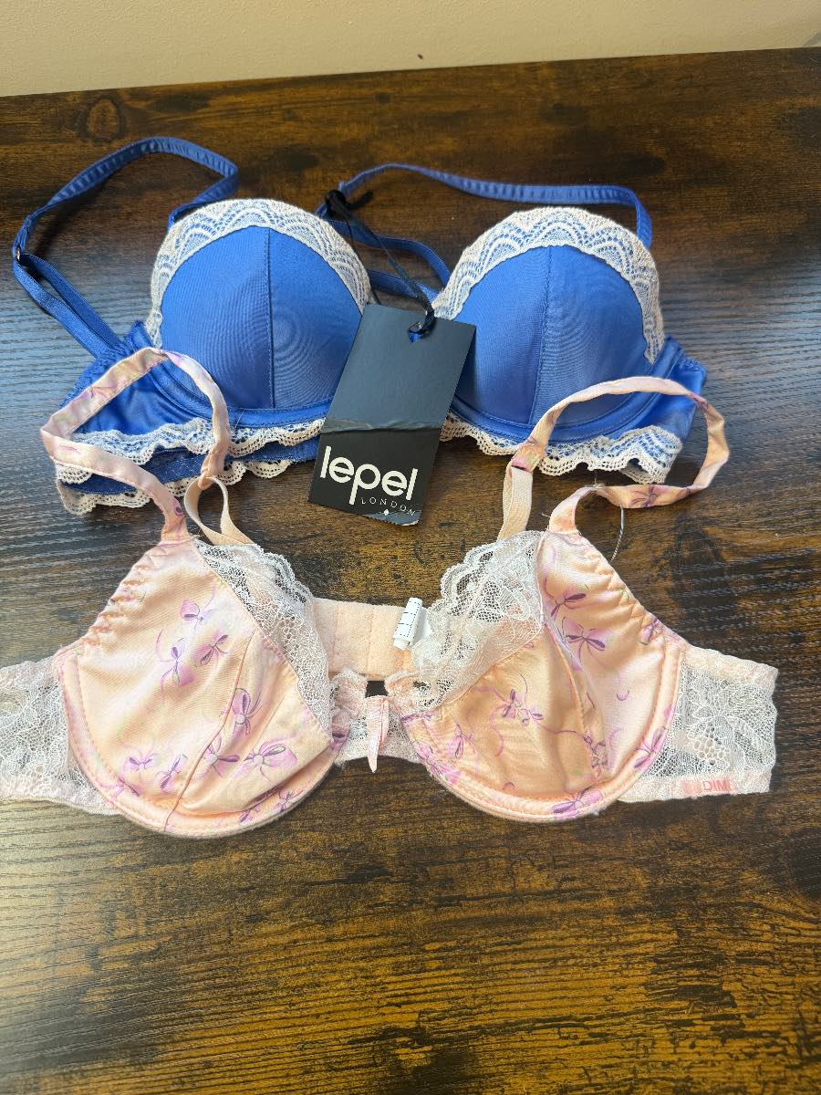 2 Pack Lepel & DIM Bras UK 32A 32B Blue Pink Lace Underwired Lingerie
