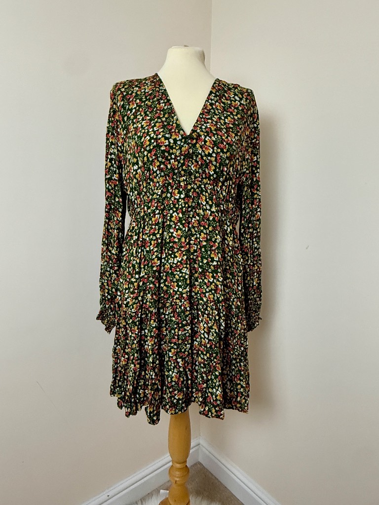 Apricot Floral Smock Dress UK16 Green Ditsy Print V Neck Long Sleeve Boho