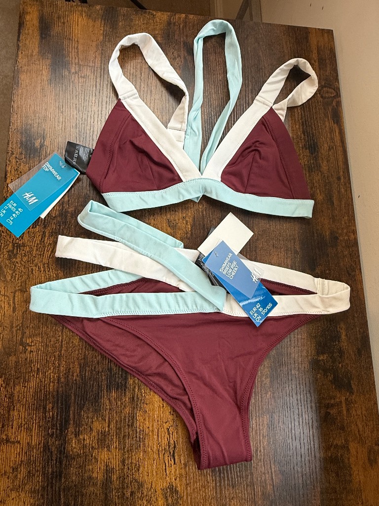 BNWT H&M Burgundy Contrast Trim Bikini Set UK 14 Top UK 16 Bottoms