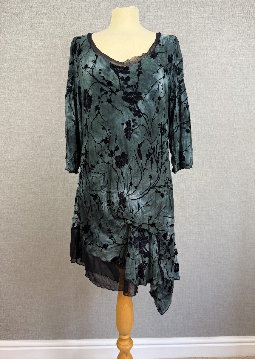 Apricot Grey Black Burnout Floral Hanky Hem Dress UK 14 Boho
