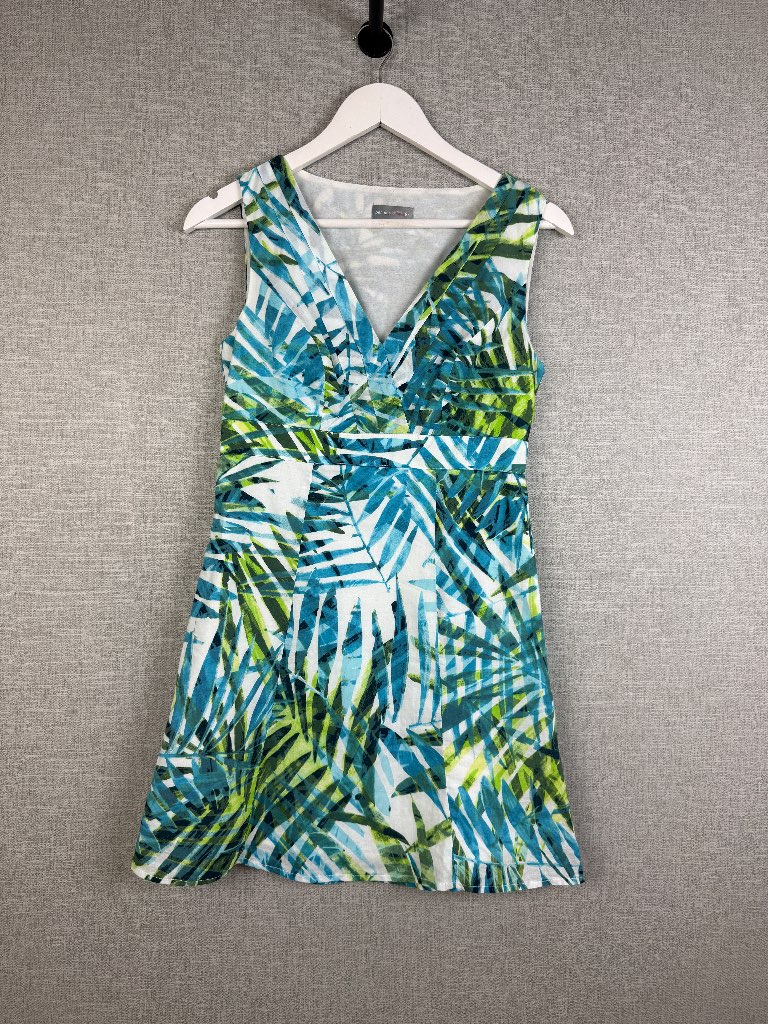 Vintage Per Una Tropical Palm Leaf Print Summer Dress UK 8 Blue Green Holiday