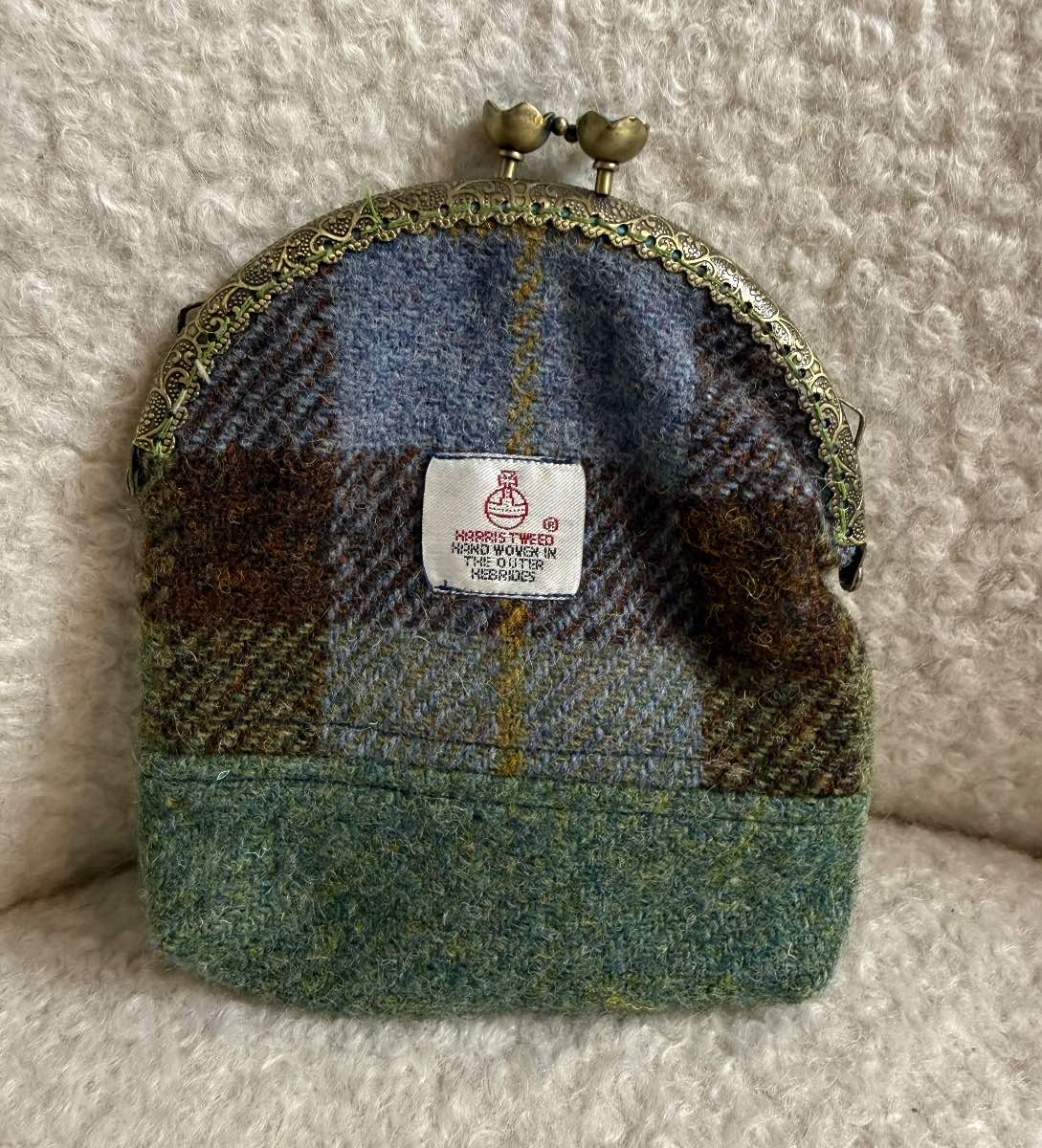 Handmade Harris Tweed Coin Purse Clasp Pouch Blue Green Tartan
