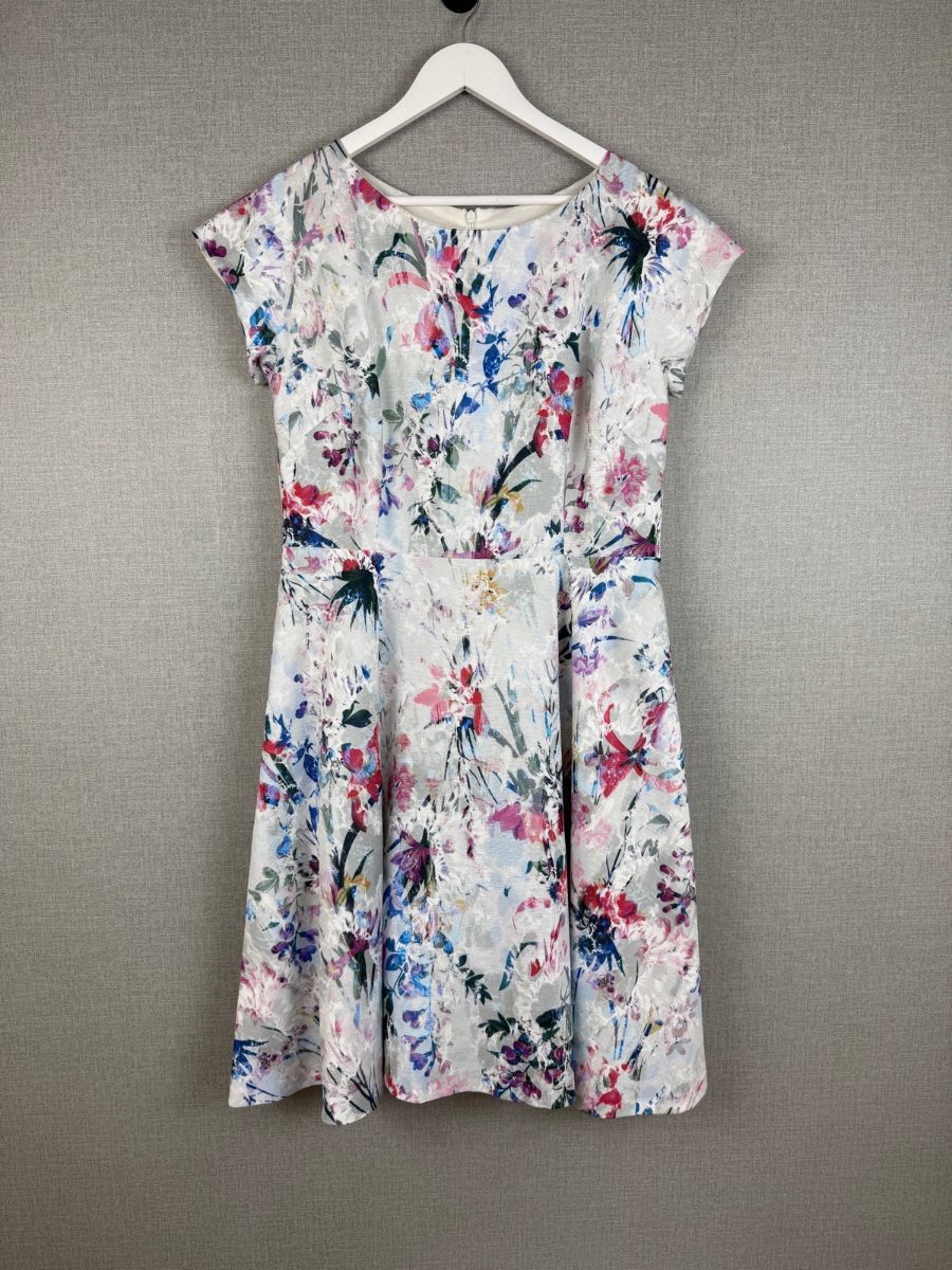 CC Petite Floral Occasion Dress UK 16 Fit Flare Wedding Guest Midi Pink Blue White