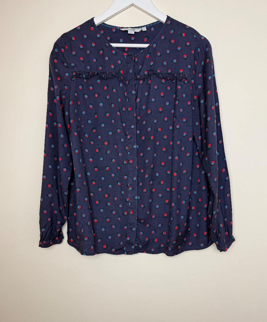 Boden Silk Blend Polka Dot Ruffle Blouse Navy UK16 Long Sleeve Top
