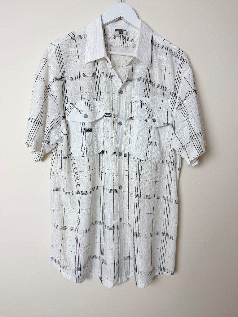 Green-G White Black Check Shirt Mens XXXL Short Sleeve Utility Pocket