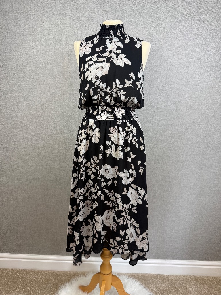 Nanette Lepore Black White Floral High Neck Midi Dress Size US 6 UK10