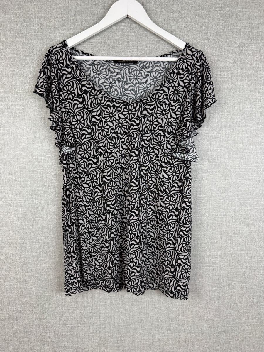 Barbara Hulanicki George Black White Floral Flutter Sleeve Top UK 18 Boho Viscose