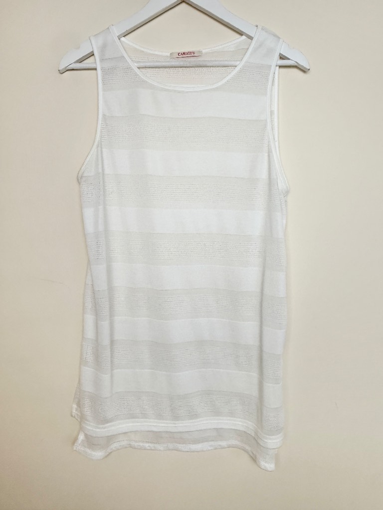 Camaieu White Sleeveless Knit Tunic Top Longline Summer Layering Top