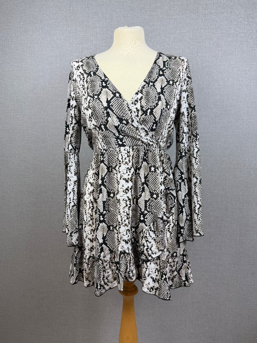 Subdued Snake Print Wrap Dress Italian Ruffle Mini Dress UK 10