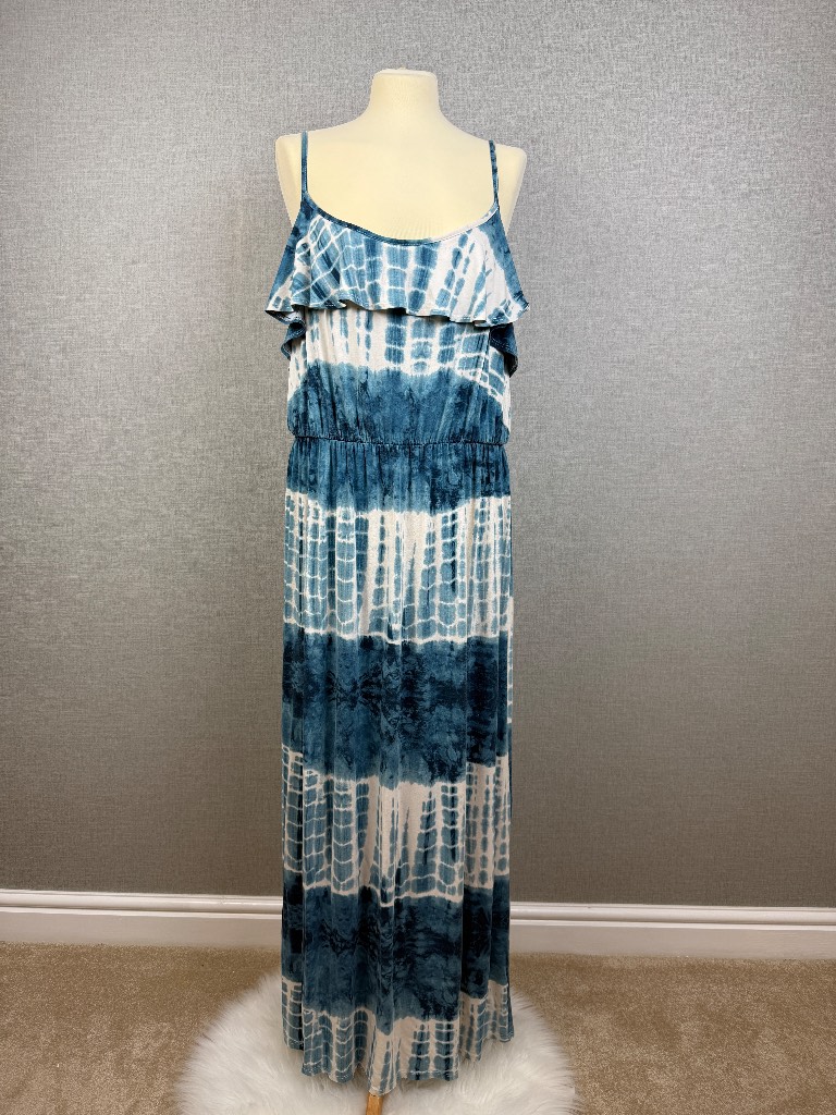 George Tie Dye Maxi Dress UK 18 Blue White Ruffle Bardot Boho Summer