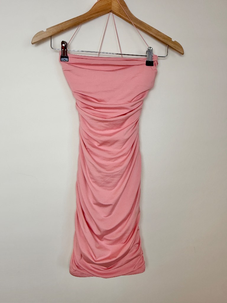 Oh Polly Pink Ruched Bandeau Bodycon Mini Dress UK10 Stretch Party Club