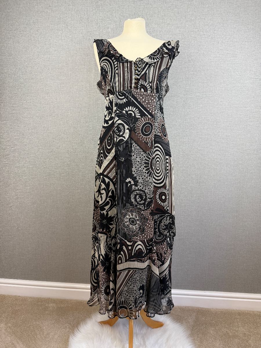 Planet Brown Black Abstract Floral Chiffon Midi Dress UK14 Occasion Wedding Cruise