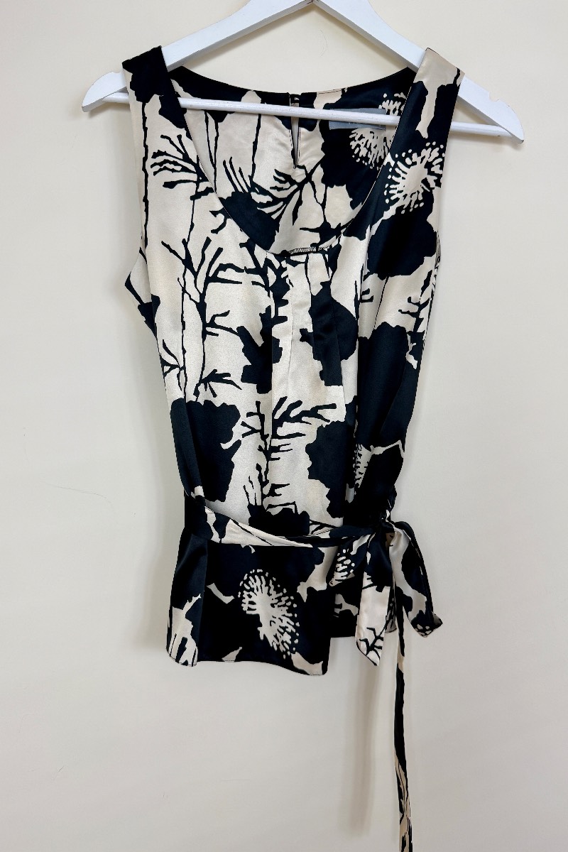 Wallis Black White Floral Tie Waist Sleeveless Blouse Top UK 12