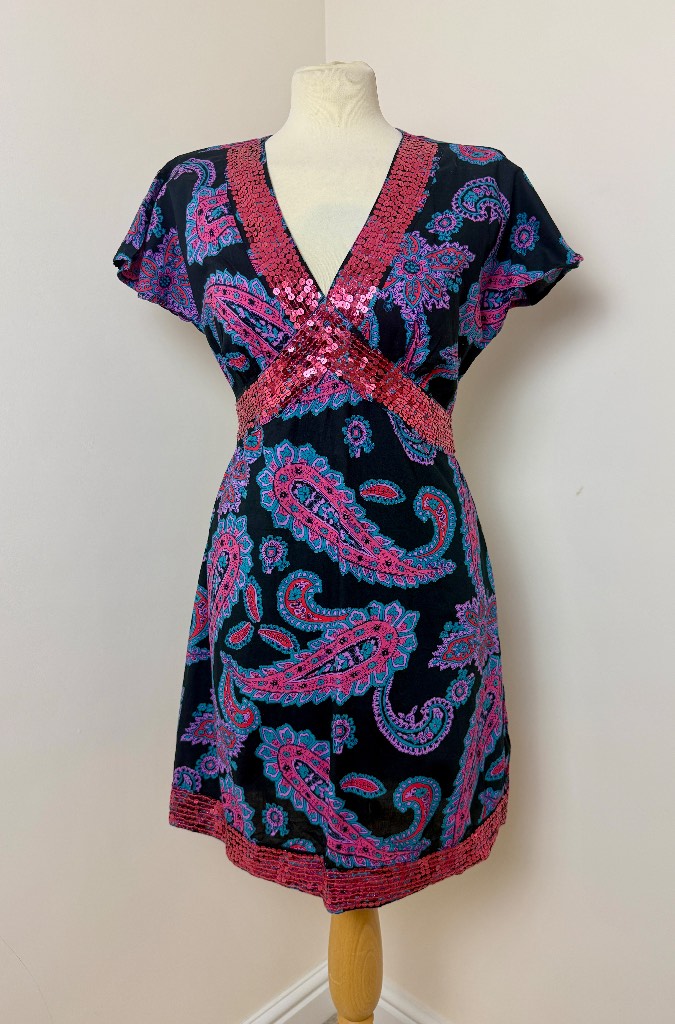 E-vie Paisley Sequin Mini Dress UK12 Boho Festival Cotton V Neck