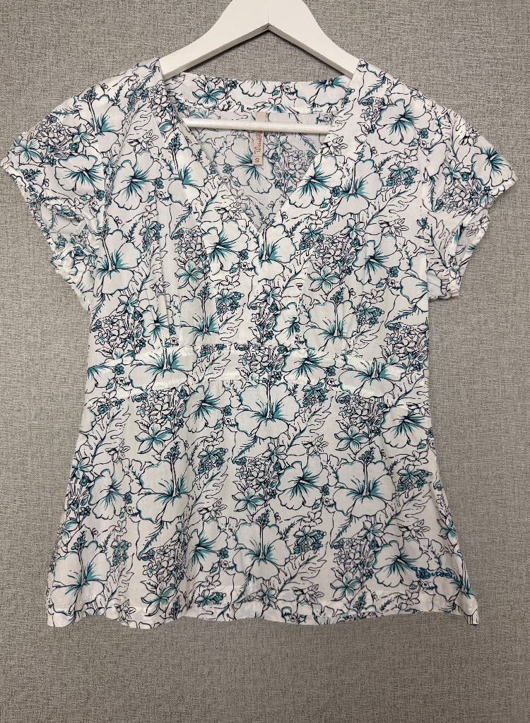 Weird Fish Floral Print V Neck Top White Blue Tropical Cotton Blend UK10