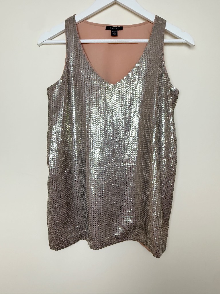 Amisu Rose Gold Sequin Sleeveless Party Top XS Champagne Glitter Vest