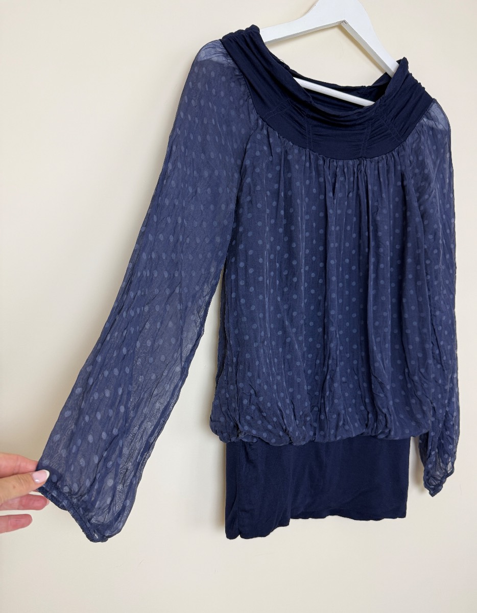 Made in Italy Navy Sheer Polka Dot Bubble Hem Blouse Top UK 12 14