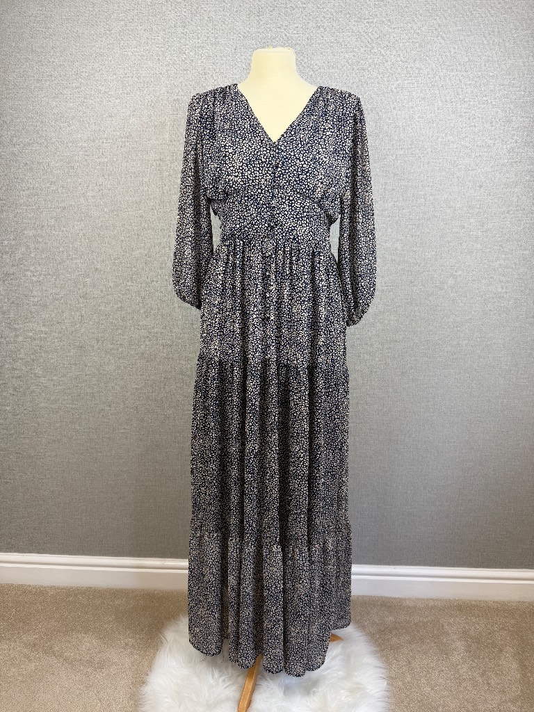 Qed London Navy Cream Animal Print Maxi Dress UK 12 Boho Long Sleeve