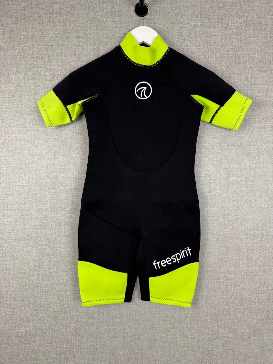 Freespirit Black Neon Yellow Kids Shorty Wetsuit 10-11 Years Surf Swim Beach Holiday Snorkel