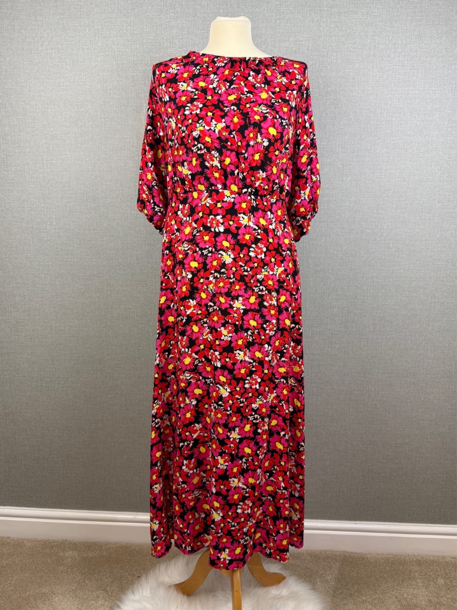 Albaray Pink Red Floral Open Back Midi Dress Puff Sleeve Viscose UK 14 Occasion