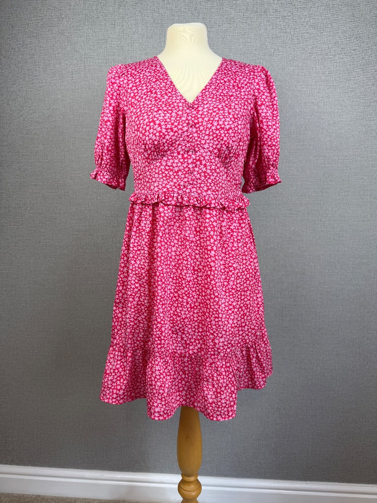 New Look Pink Floral Mini Tea Dress UK 10 Puff Sleeve Ruffle Hem Summer