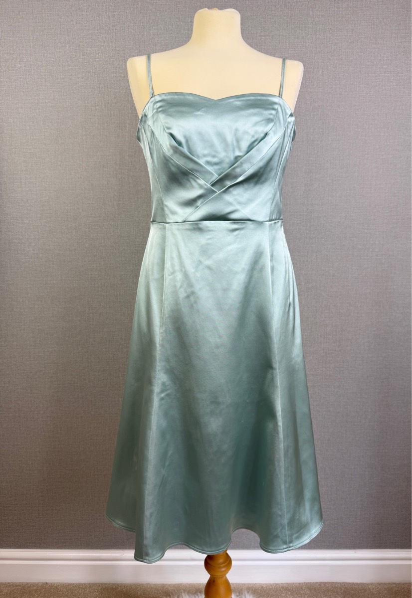 Karen Millen Sage Green Satin Midi Dress UK14 Occasion Bridesmaid Wedding Strappy