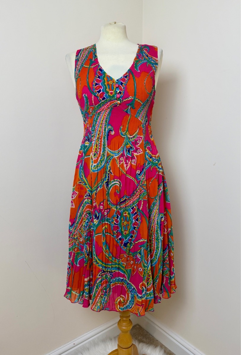 East Bright Pink Orange Paisley Pleated Sleeveless Midi Dress UK 8 Summer Boho