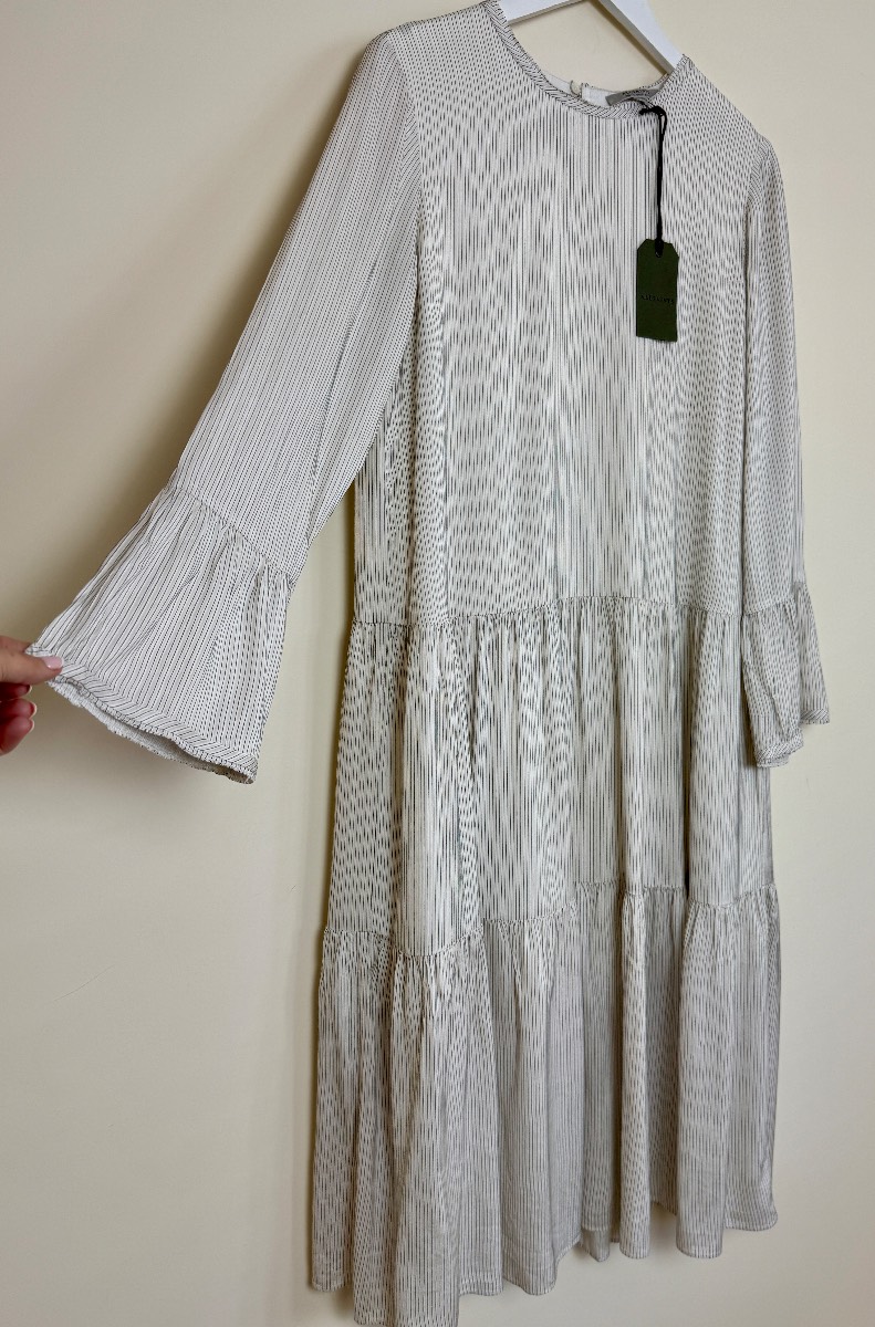 AllSaints Lori Stripe Midi Dress Chalk White Silk Blend UK14 BNWT