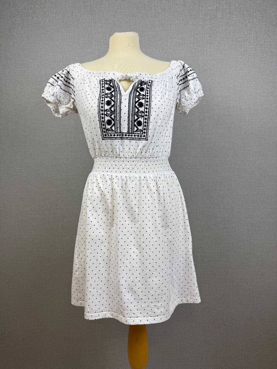 Topshop Petite White Polka Dot Embroidered Bardot Mini Dress UK 10 Boho