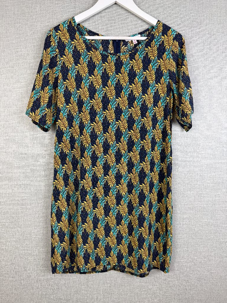 SES Fashion Leaf Print Shift Dress UK 10 Navy Mustard Turquoise Boho