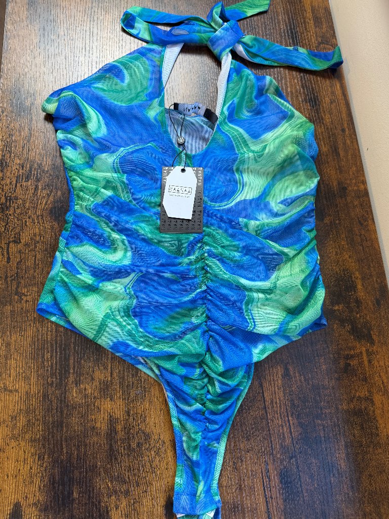 NAANAA Blue Green Marble Print Halterneck Ruched Sheer Mesh Bodysuit UK 10