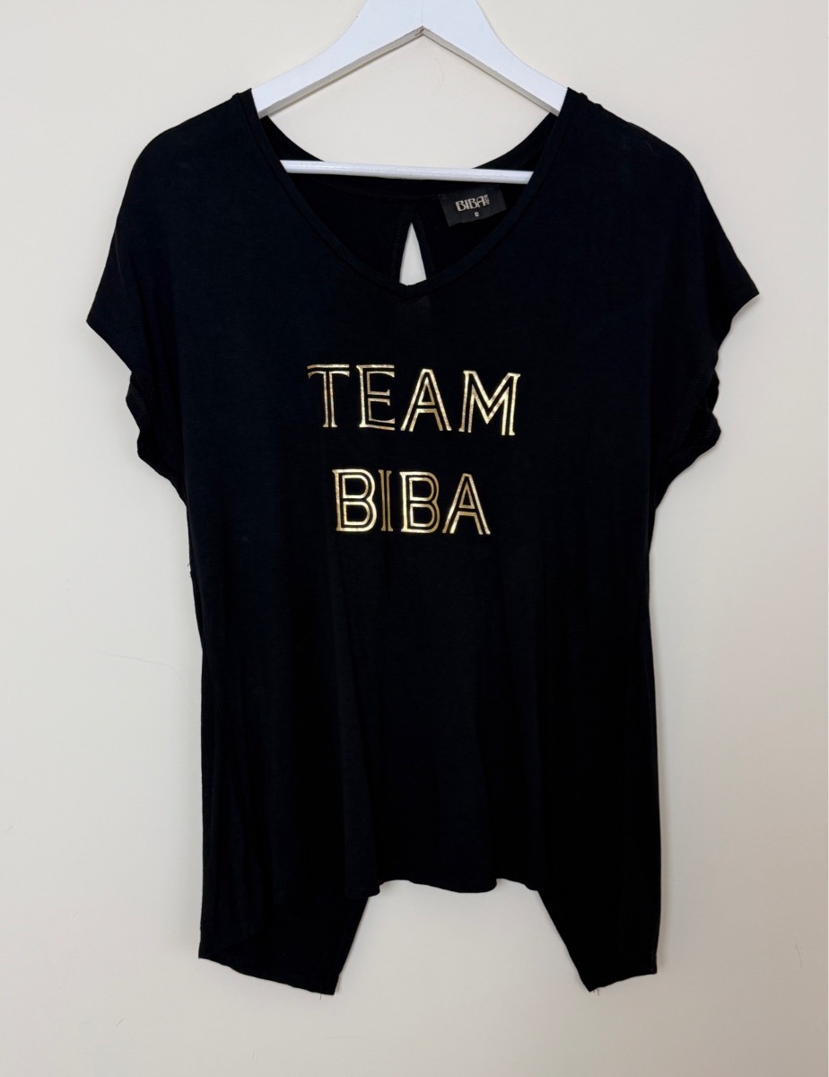 BIBA Team BIBA Black Gold Logo Open Back Top T Shirt Short Sleeve Size 12