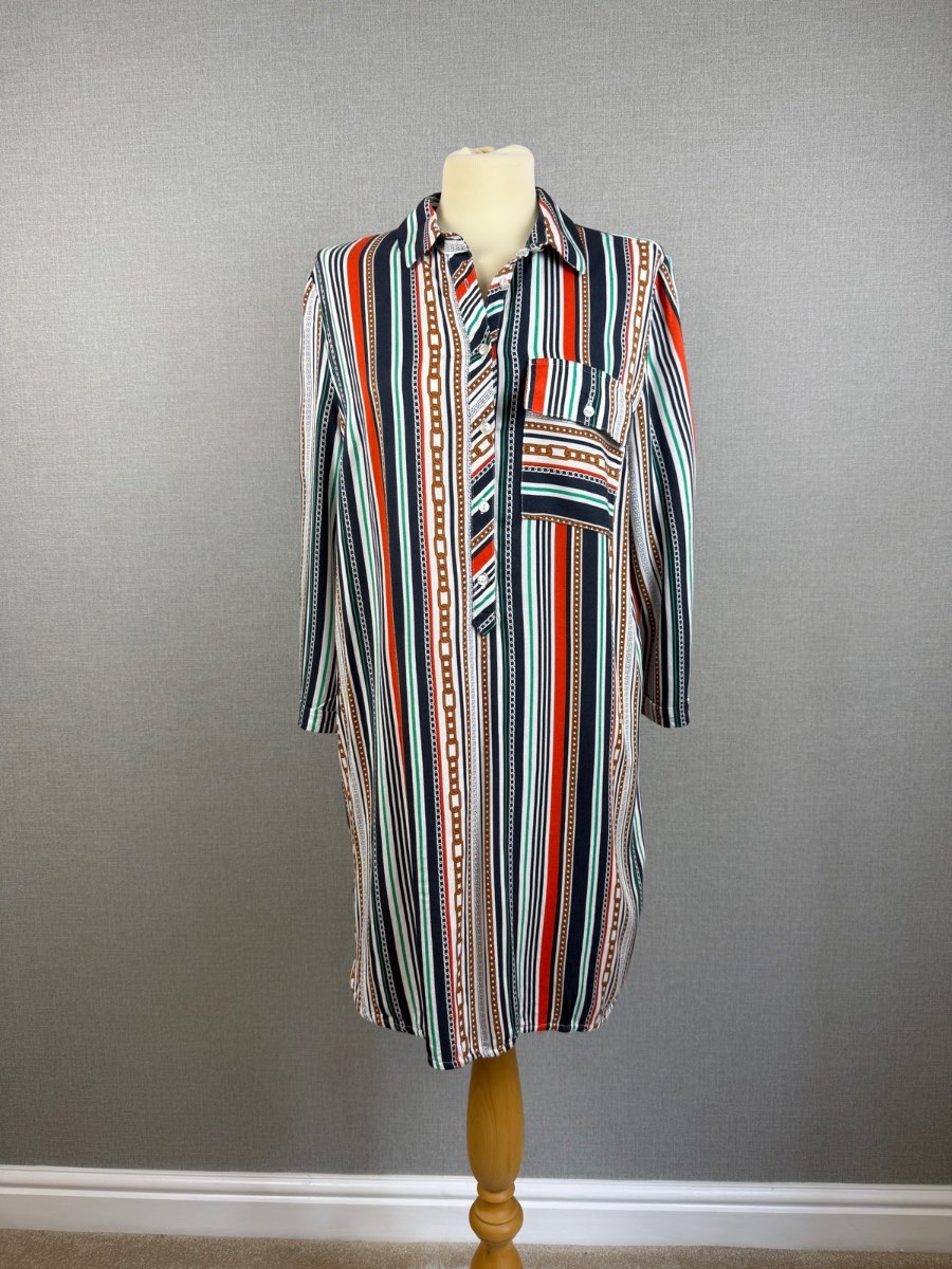 TU Multicolour Chain Stripe Shirt Dress Size 16 Viscose Long Sleeve Oversized Tunic