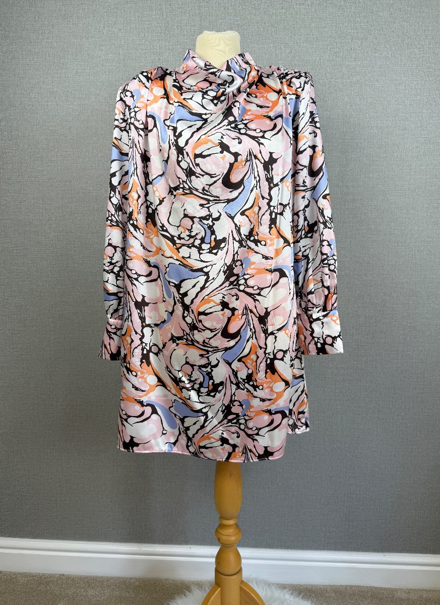 River Island Pink Marble Print Satin Mini Dress UK 16 High Neck