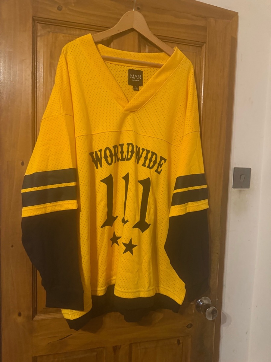 boohooMAN Plus Varsity V Neck Print Waffle & Airtex Faux Layer Full Sleeve XXL