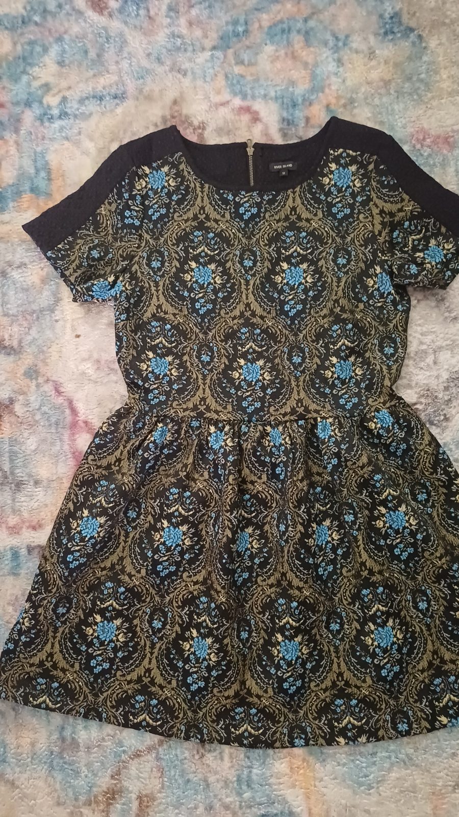 River Island Size 12 Dress Black Gold Blue Baroque Floral Brocade Skater Mini