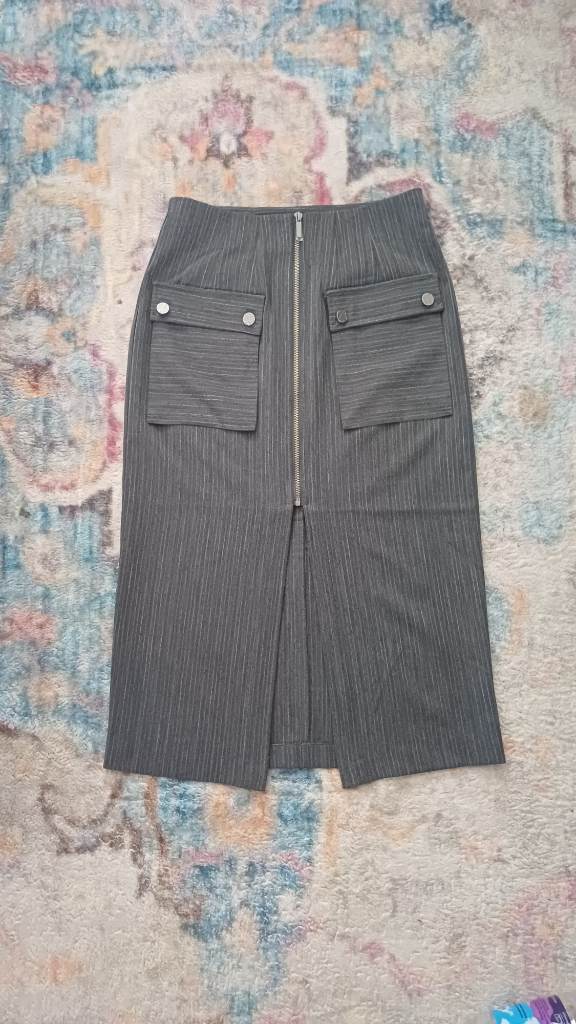 APRICOT Grey Pinstripe Midi Skirt Size UK 10  Zip Front Utility Pocket Smart