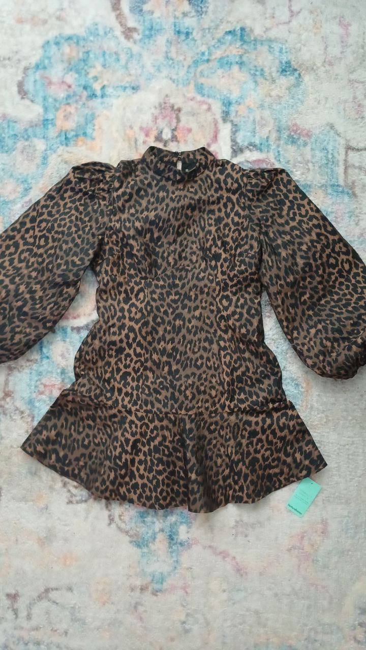 OASIS Leopard Print Mini Dress Size 14 BNWT High Neck Puff Balloon Sleeve Ruffle